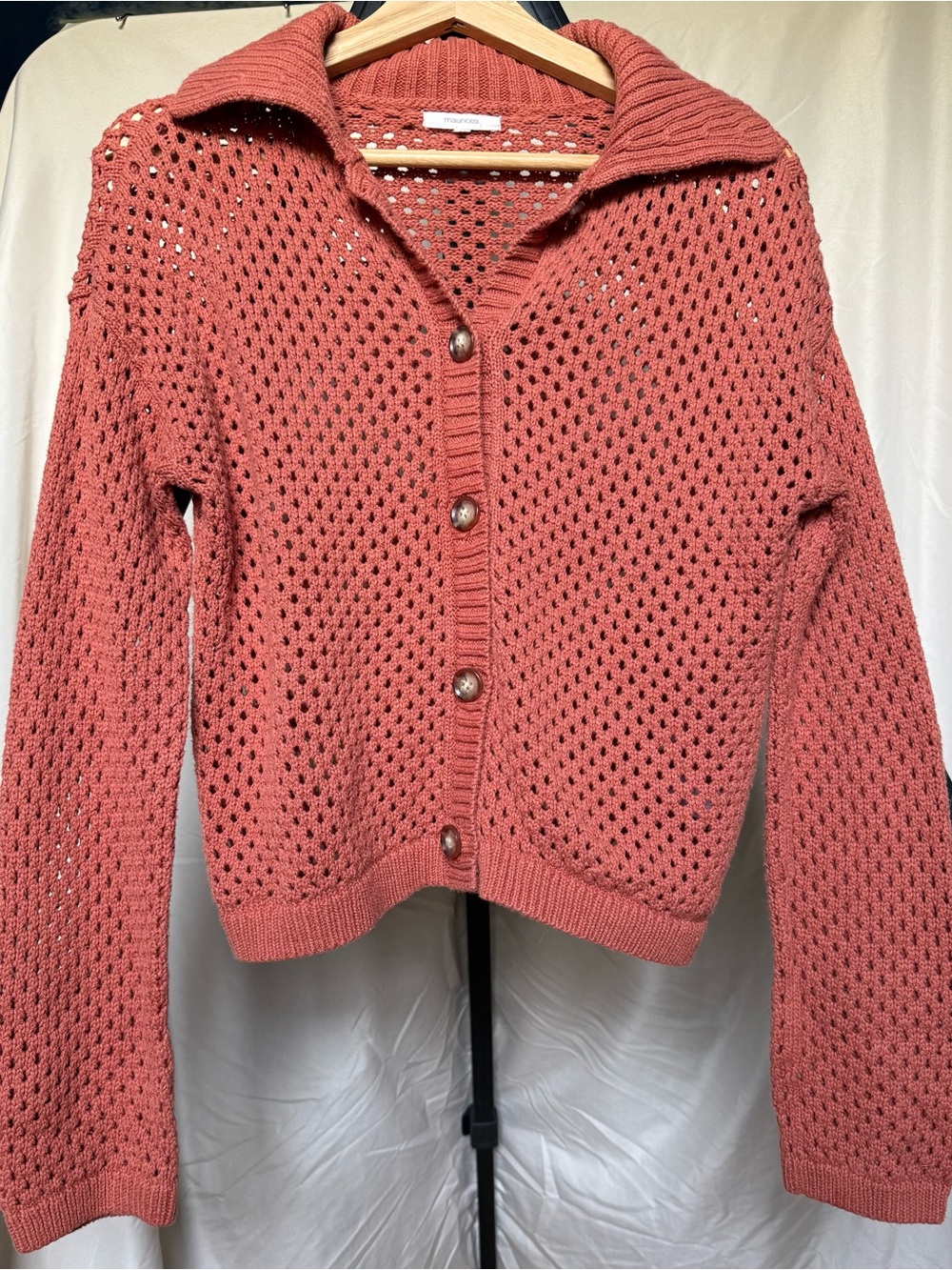 Button-Front Openwork Sweater Cardigan - Rust Orange